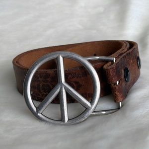 Vintage Brown Leather Belt with peace sign buckle